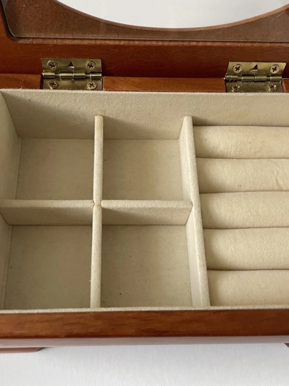 Vintage Small Wood Jewelry Box Glass Lid Etched Flower Design Trinket Box